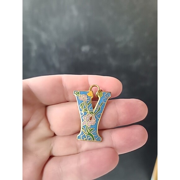 Cloisonne Floral Letter Y Shaped Pendant Vintage - Picture 1 of 10